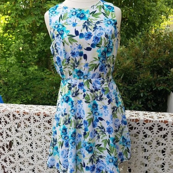 Blue Green Summer Floral Forever 21 LG Lined Dress - Picture 4 of 7